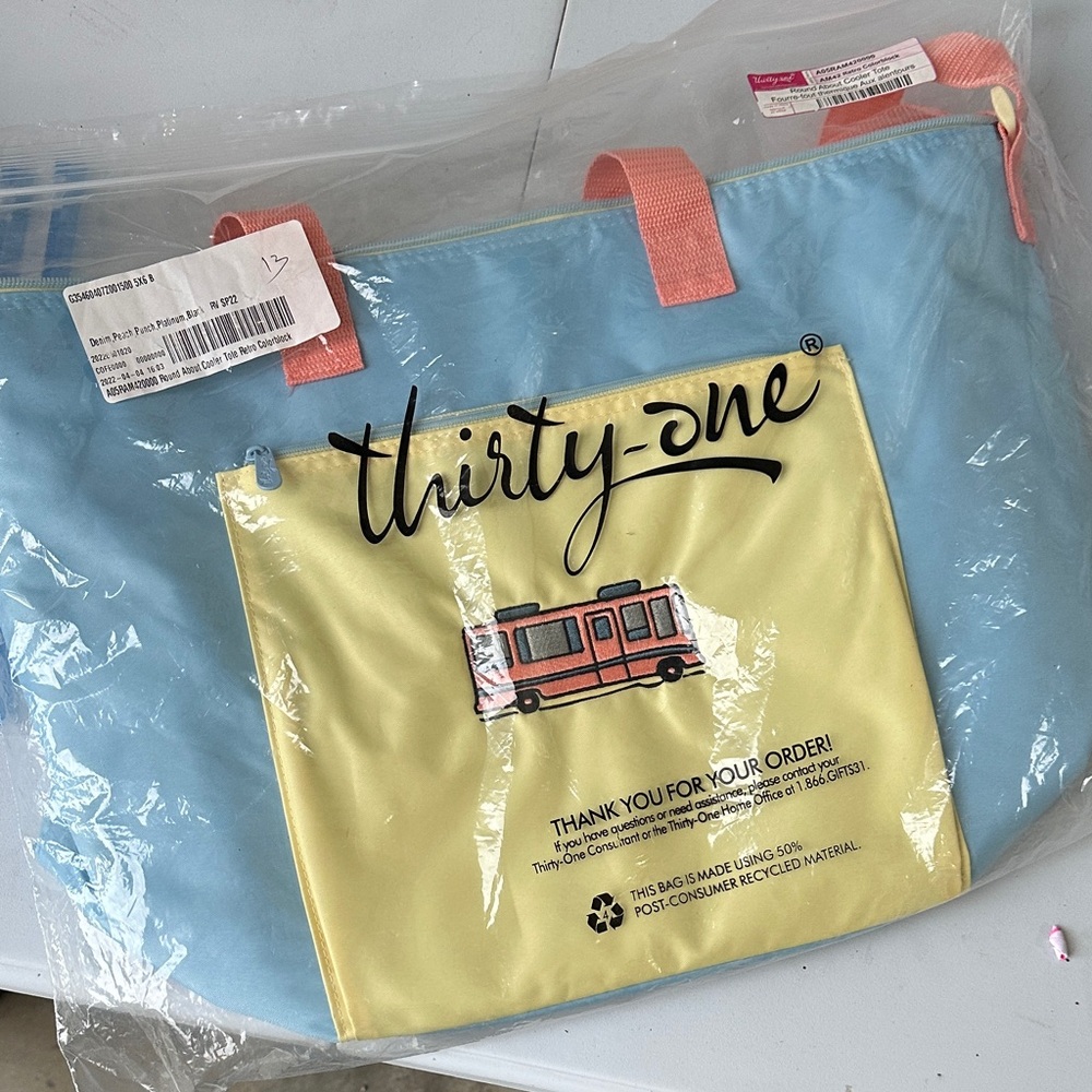 Thirty-One Sky Blue and Lemon Tote with Coral Handles